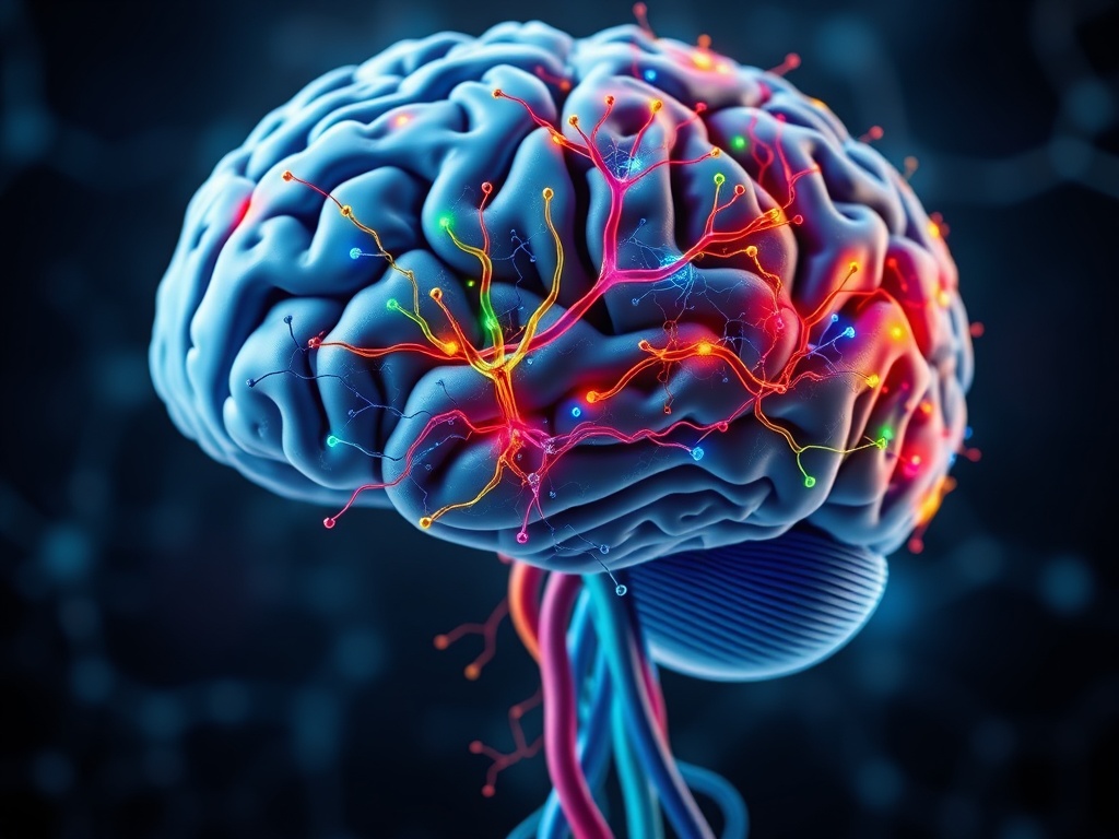 A brain with colorful neural connections, symbolizing neuroplasticity and habit formation.