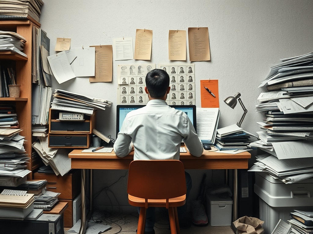 A person sitting at a cluttered desk, symbolizing the struggle of making progress in imperfect conditions.