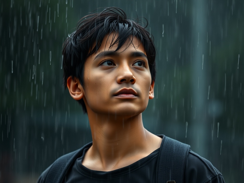 A person standing in the rain with a contemplative expression, symbolizing emotional resilience.