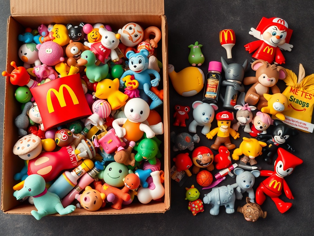 a cluttered box of random low-value Happy Meal toys contrasted with a small curated premium collection