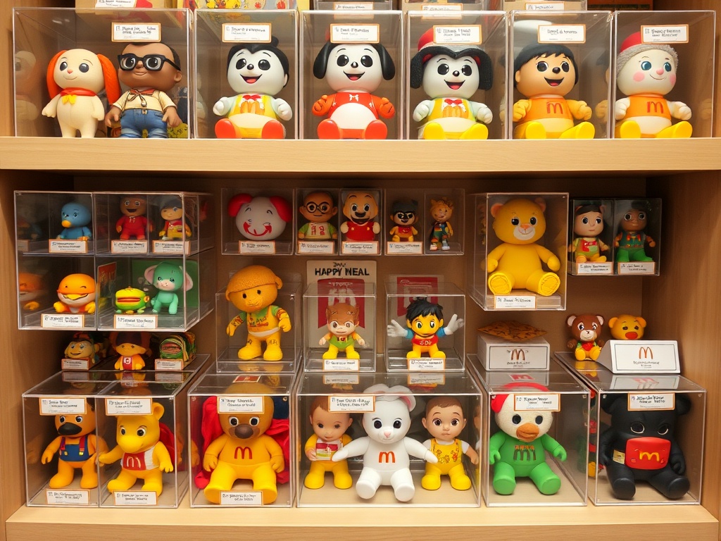 a collector shelf displaying neatly organized Happy Meal toys in protective cases with labels