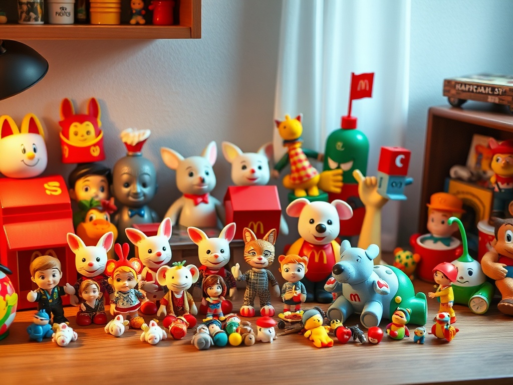a colorful spread of vintage and modern Happy Meal toys arranged on a wooden collector's table with soft lighting