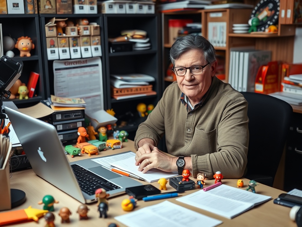 a confident collector organizing and cataloging Happy Meal toys at a desk with notes and laptop