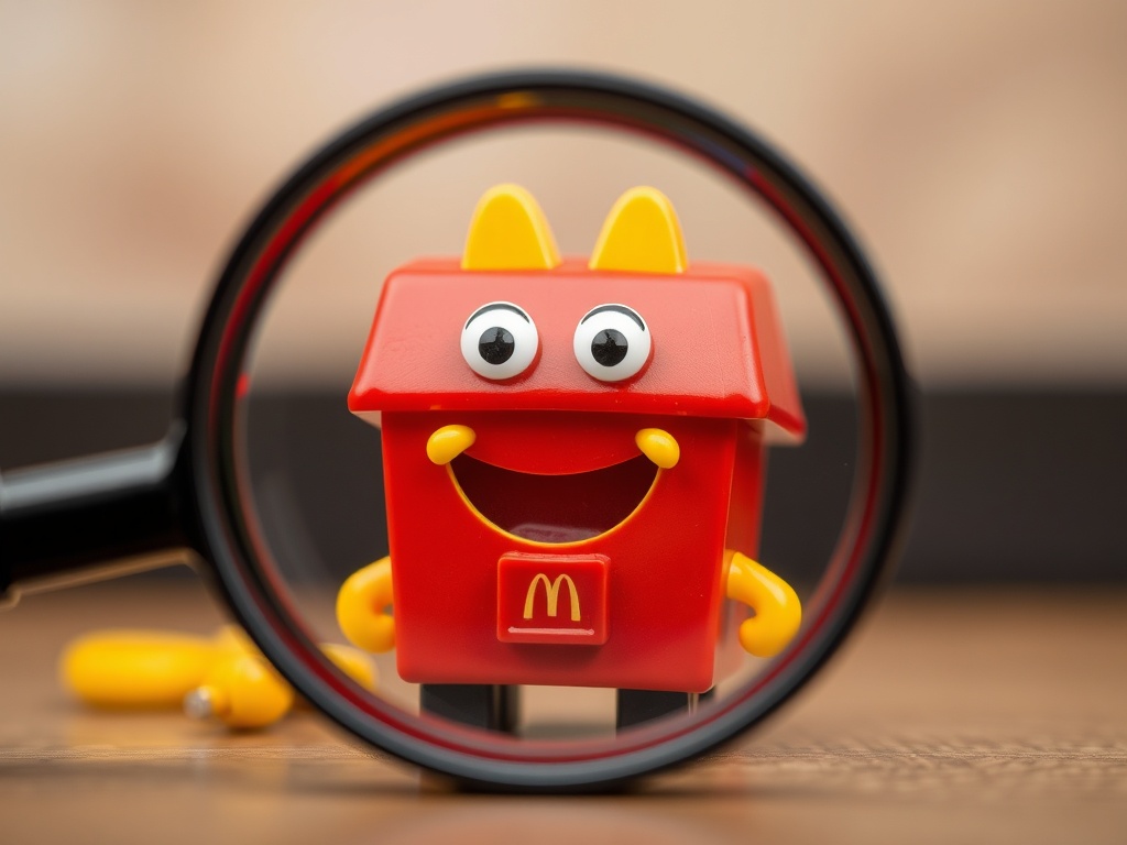 a magnifying glass over a small detailed Happy Meal toy highlighting craftsmanship and unique features