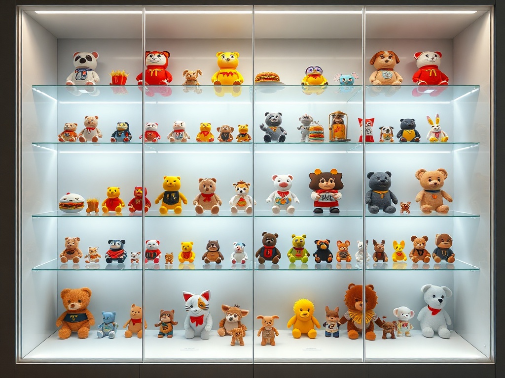 a minimalist display cabinet with LED lighting showcasing pristine Happy Meal toy collection