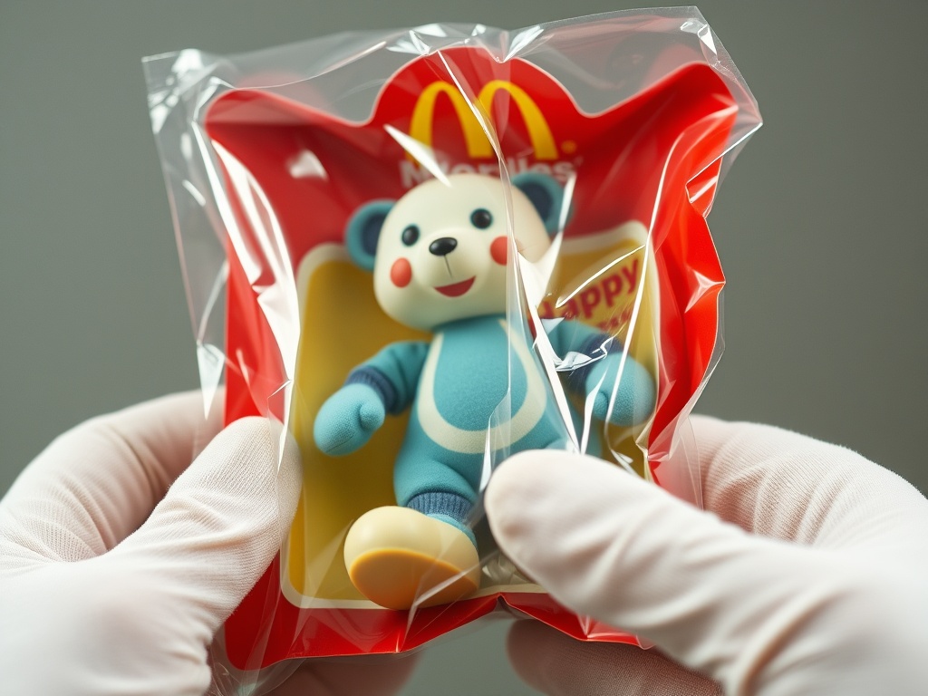 close-up of rare Happy Meal toy packaging still sealed in original plastic with collector gloves holding it