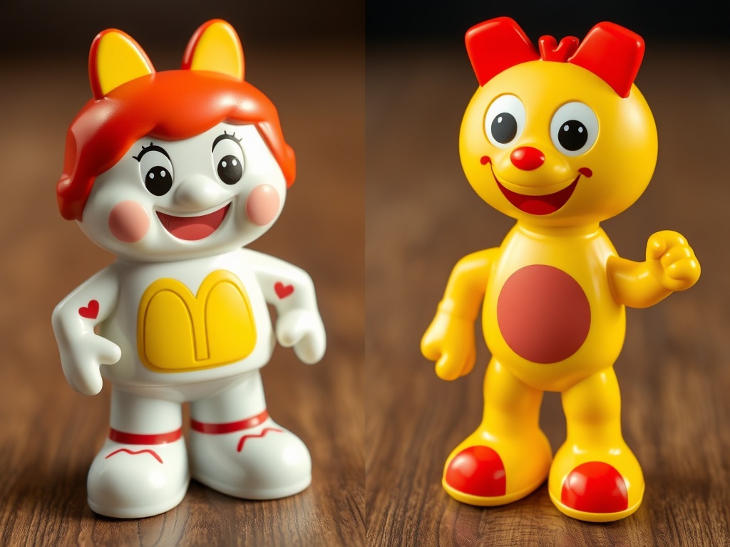 side by side comparison of vintage 90s Happy Meal toy and modern promotional toy with bright colors and different materials