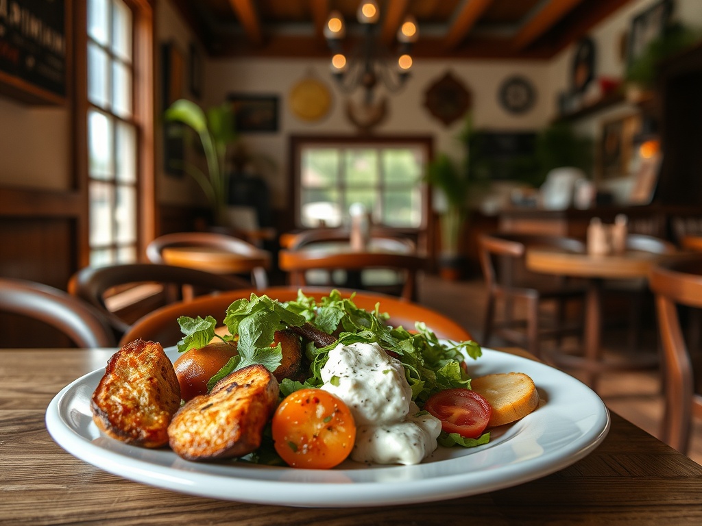 casual lunch plate in small town restaurant with natural light and relaxed vibe