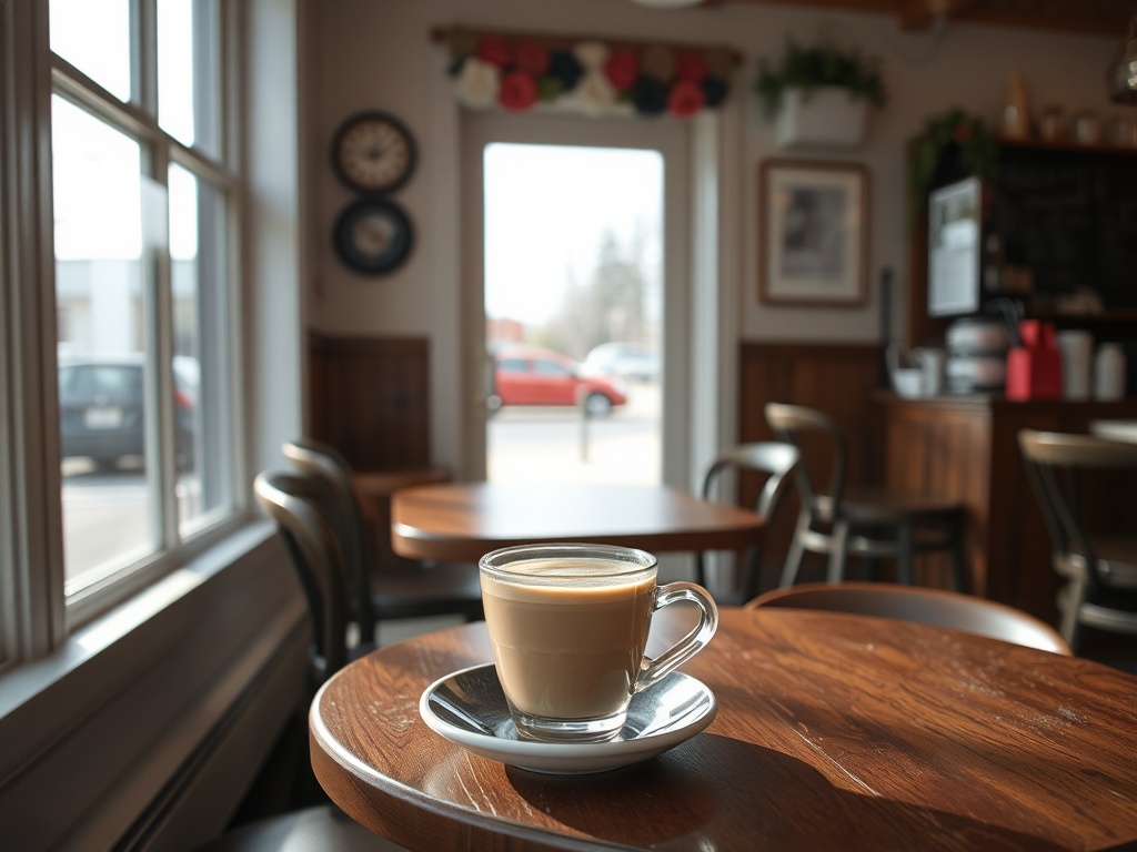 cozy small town Ontario cafe interior with window light and latte on wooden table