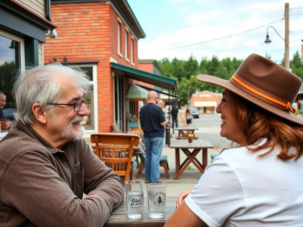 friendly conversation between locals in small town Ontario setting