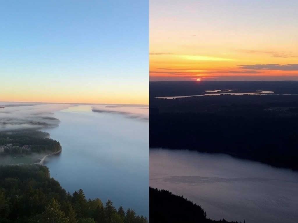 Ottawa River morning mist vs sunset comparison Hawkesbury