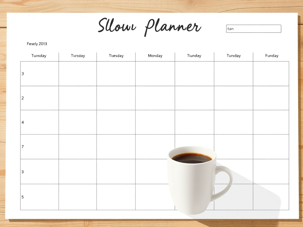 relaxed day planner with empty spaces and coffee cup representing slow lifestyle