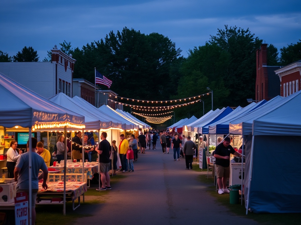 small town Ontario festival with tents, lights, and community atmosphere