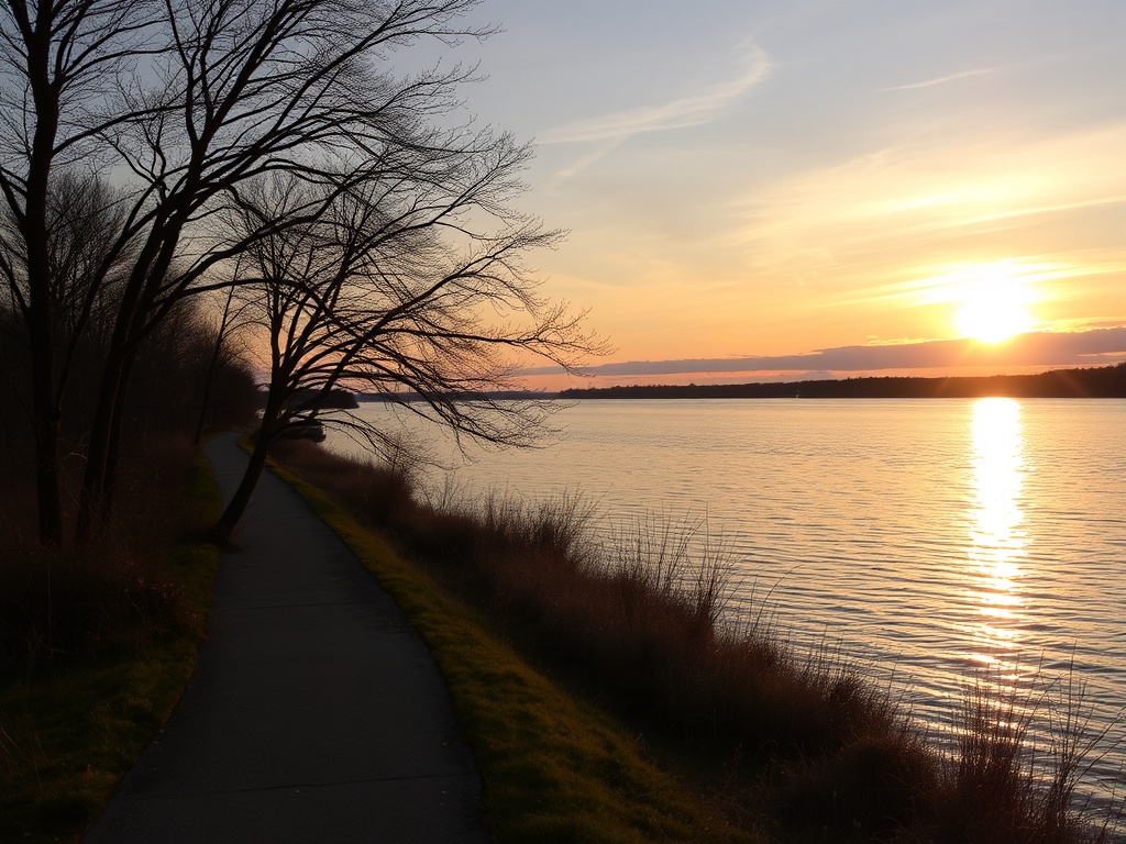 sunset over Ottawa River in Hawkesbury waterfront trail with golden reflections and walking path