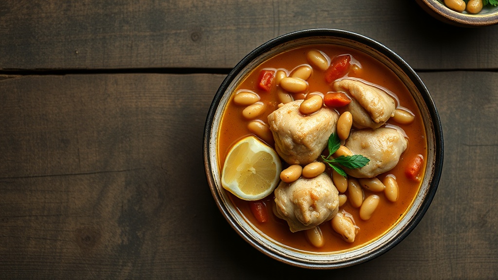 A simple, realistic budget meal: a rustic bowl of chicken thigh and cannellini bean stew on a worn kitchen table