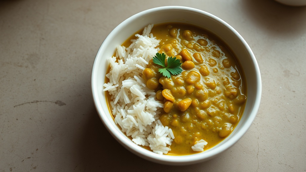A simple bowl of green lentil dal with basmati rice on a worn kitchen table.