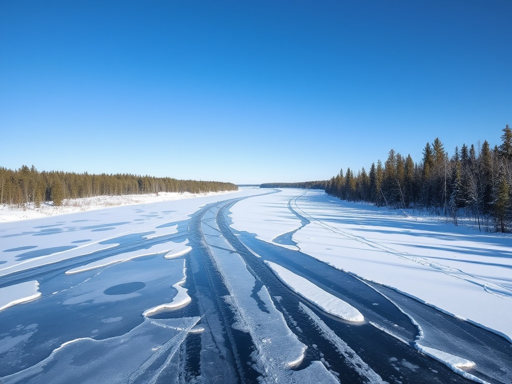 frozen river in Northern Ontario with snowmobile tracks, clear blue sky, wide open landscape
