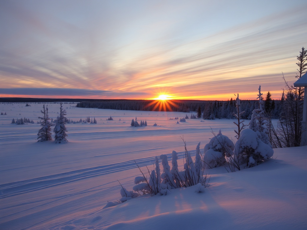 golden sunset over snowy landscape in Northern Ontario, warm light reflecting on snow, peaceful horizon