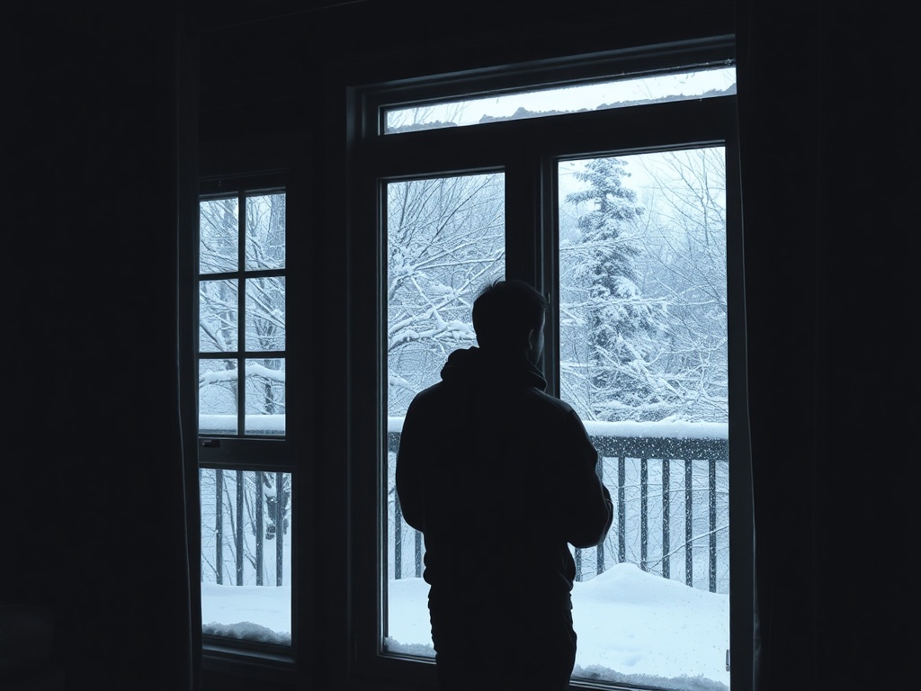 person indoors looking out snowy window, feeling stuck, contrast between warm interior and cold outside