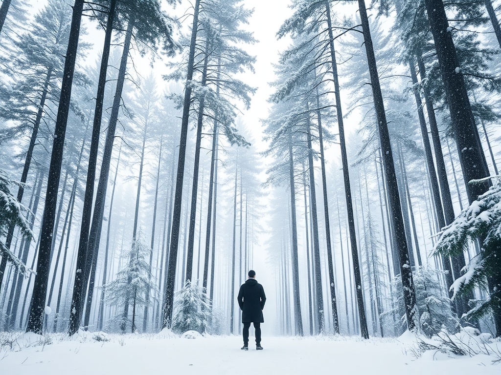 person standing in snowy forest looking at tall pine trees, calm peaceful mood, soft snowfall