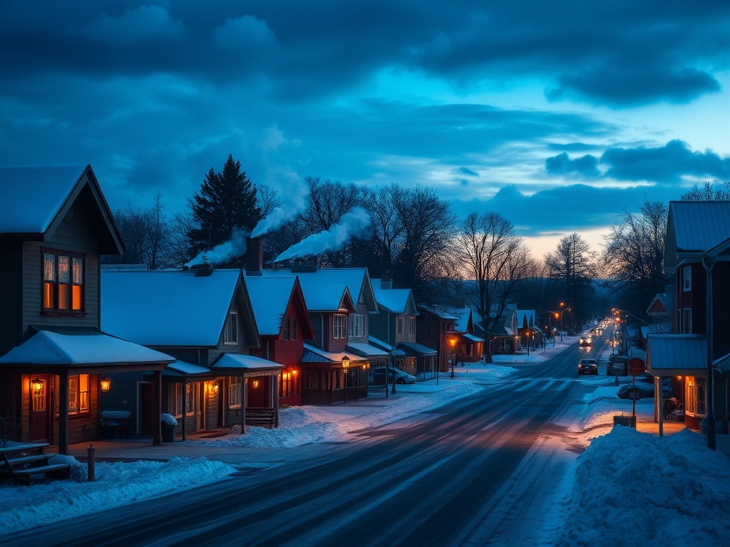 small town Ontario street in winter with cozy houses, smoke from chimneys, warm lights glowing at dusk