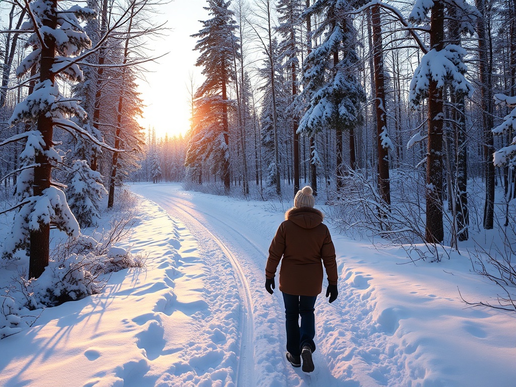 snow-covered forest trail in Northern Ontario with golden sunlight, peaceful winter landscape, person walking bundled in warm clothing