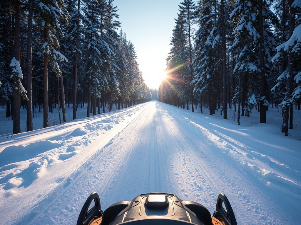 snowmobile trail through dense Northern Ontario forest, long straight path, winter sun filtering through trees
