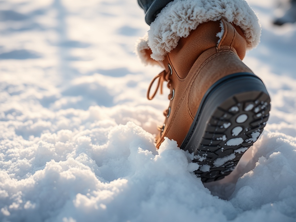 winter boots stepping into fresh snow close-up, crisp texture, morning light