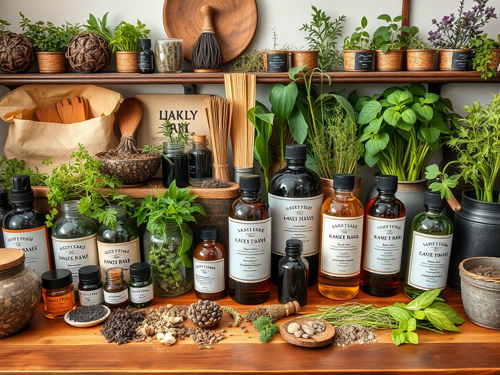 a herbalist's desk with a variety of herbs and tinctures arranged meticulously
