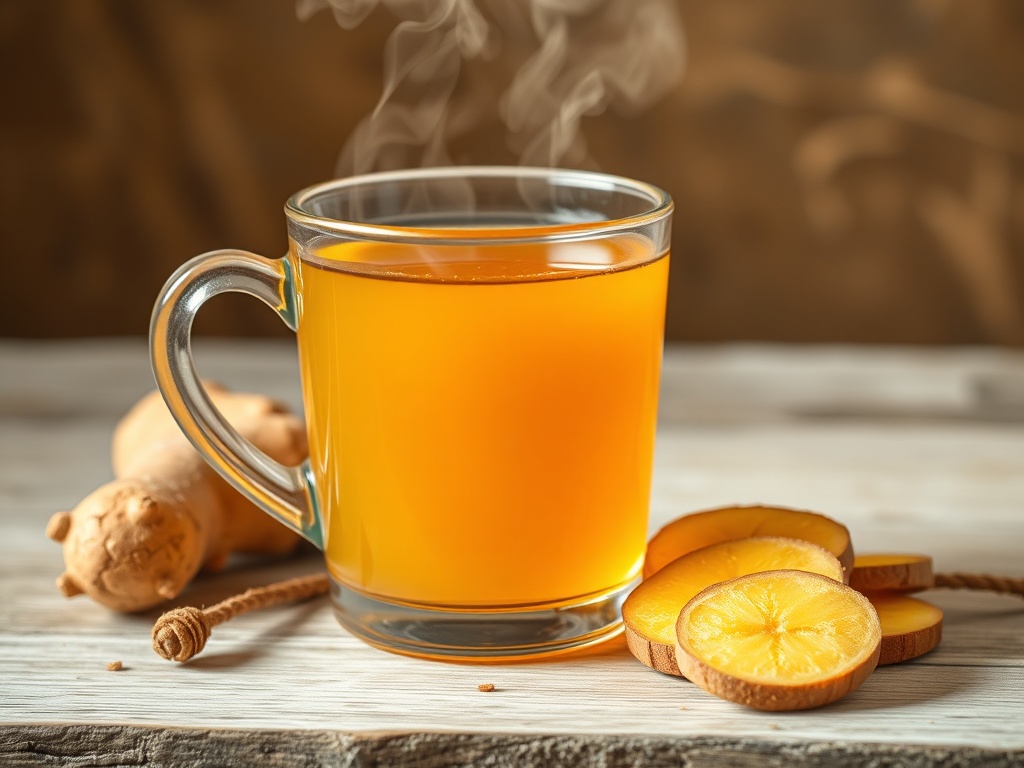 a steaming mug of ginger tea with sliced ginger on the side