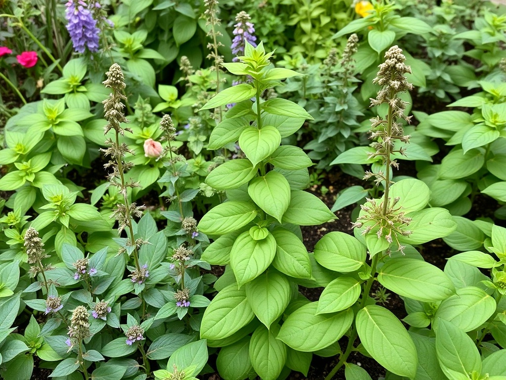 a vibrant herb garden with a variety of medicinal plants, including holy basil