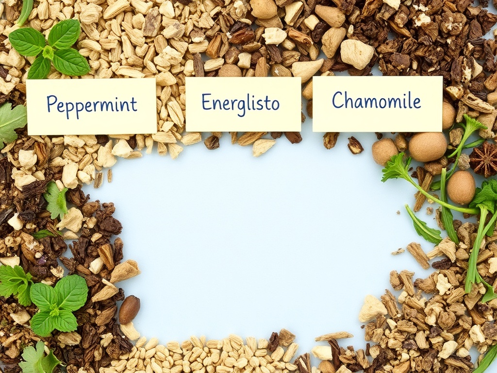 an assortment of dried herbs like peppermint and chamomile, with labels for each