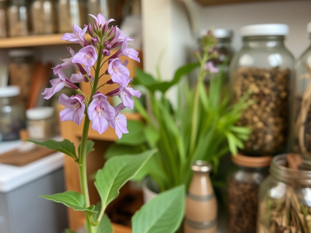american skullcap plant close up, delicate purple flowers, herbalist workspace, glass jars and dried herbs