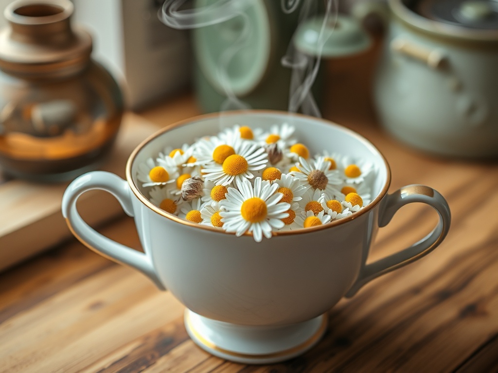 chamomile flowers in tea cup, steam rising, cozy herbal kitchen, botanical detail