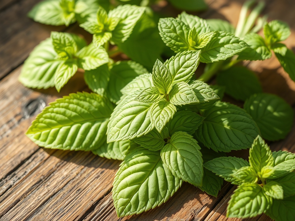 fresh lemon balm leaves with soft sunlight, detailed leaf veins, rustic wooden table, herbal tea preparation scene