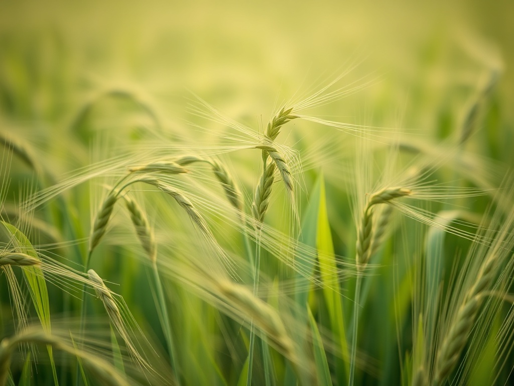 green oat tops in field, soft wind movement, morning light, close botanical detail