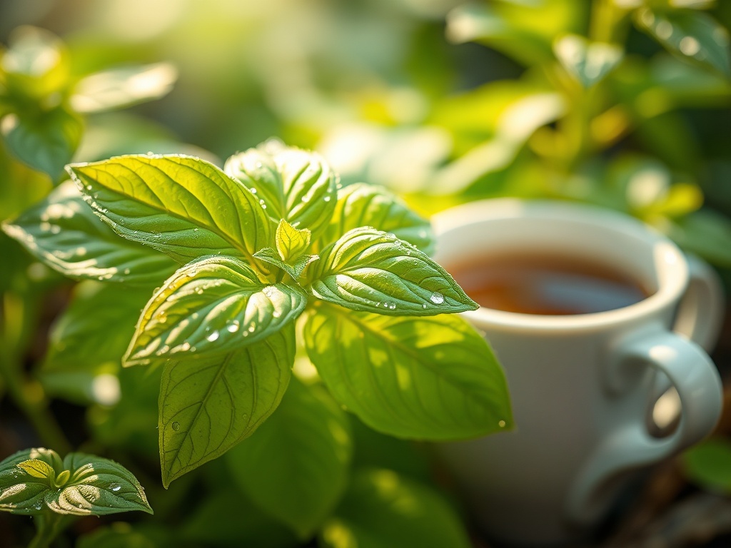 holy basil tulsi leaves close up, morning dew, herbal tea cup beside plant, warm natural light