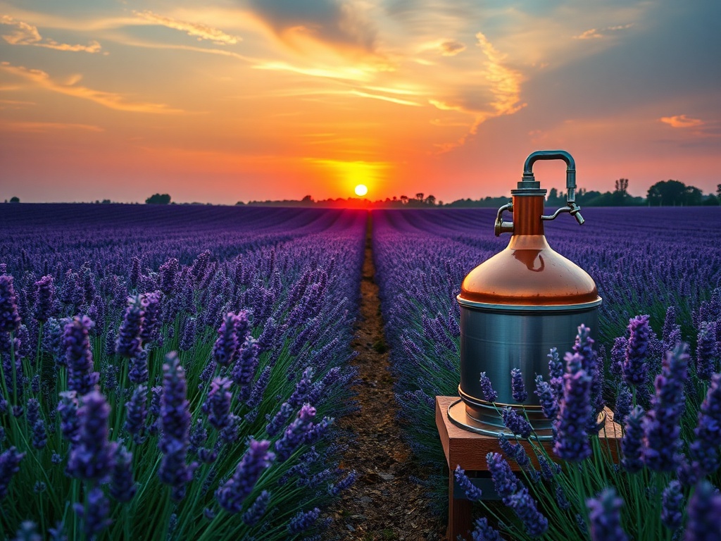 lavender field sunset, purple rows, calming atmosphere, essential oil distillation setup rustic