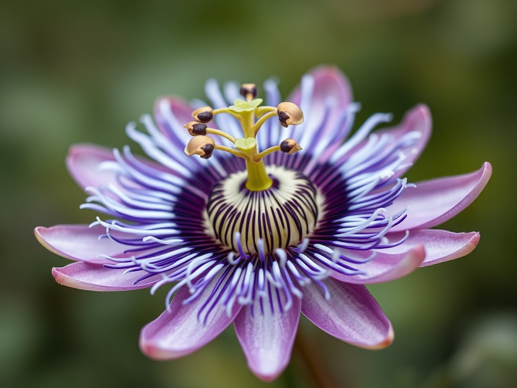 passionflower bloom intricate structure purple and white, macro botanical photography, soft background