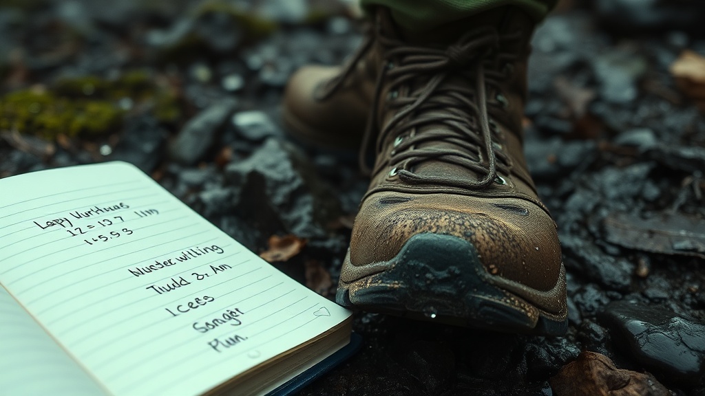 A muddy, wet hiking boot stepping on a rugged trail next to a handwritten logbook showing turnaround times, rain drops falling on the paper