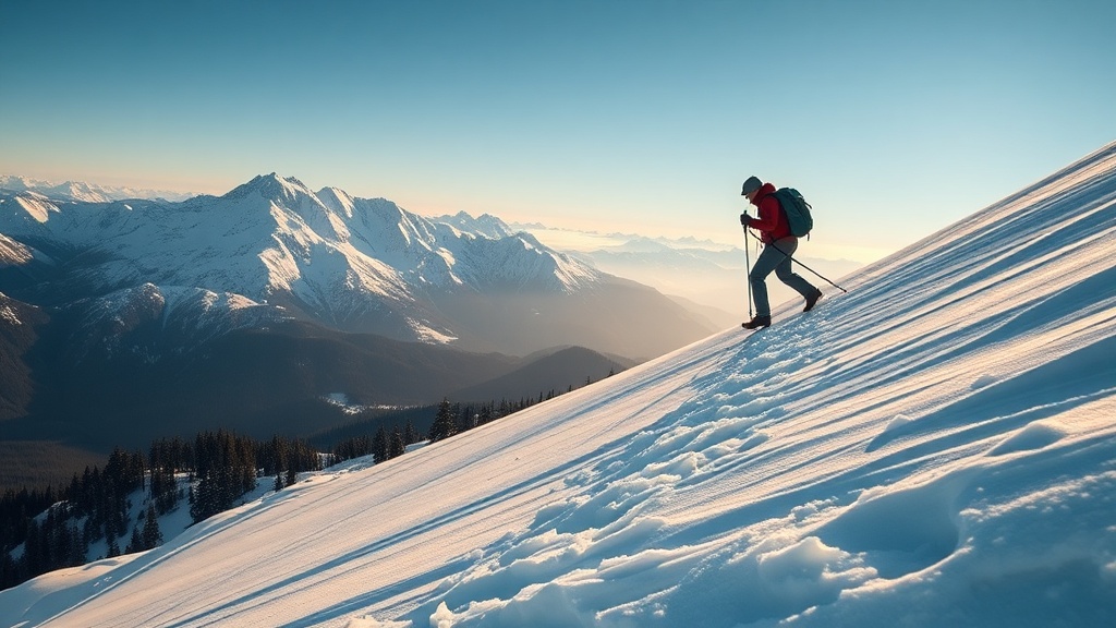 Hiker crossing a steep Cascades snowfield with microspikes and trekking poles in spring conditions