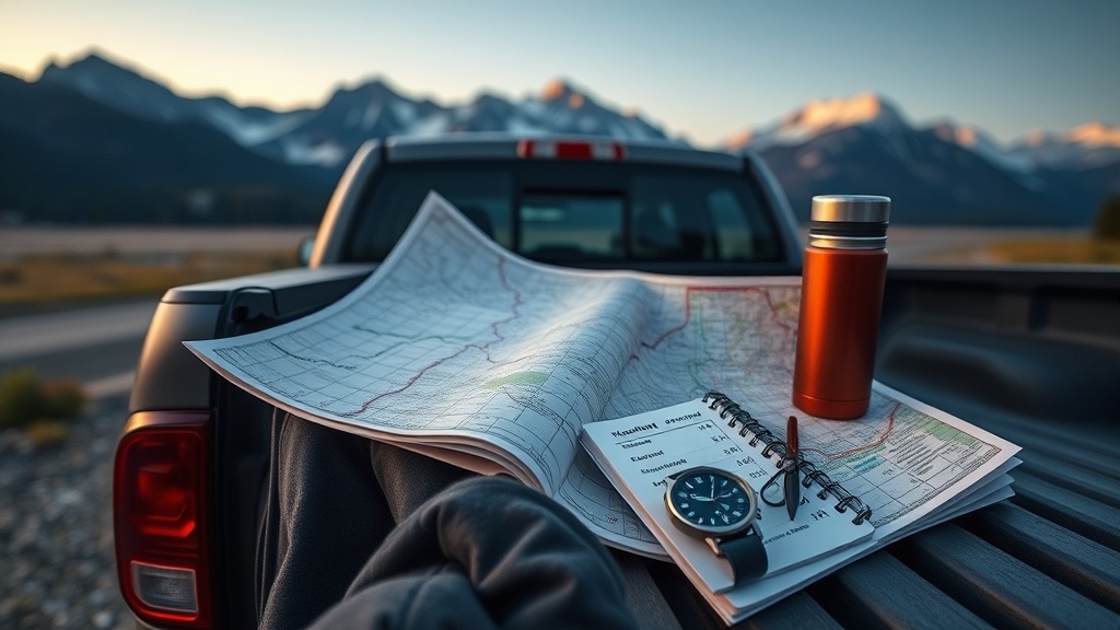 Topographic map, permit notes, and a Cascades hiking plan on a truck hood at dawn