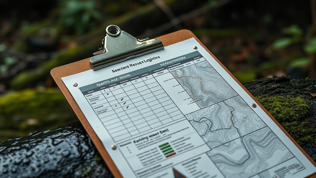 A rain-spotted clipboard with a search and rescue logistics grid on a wet mossy log