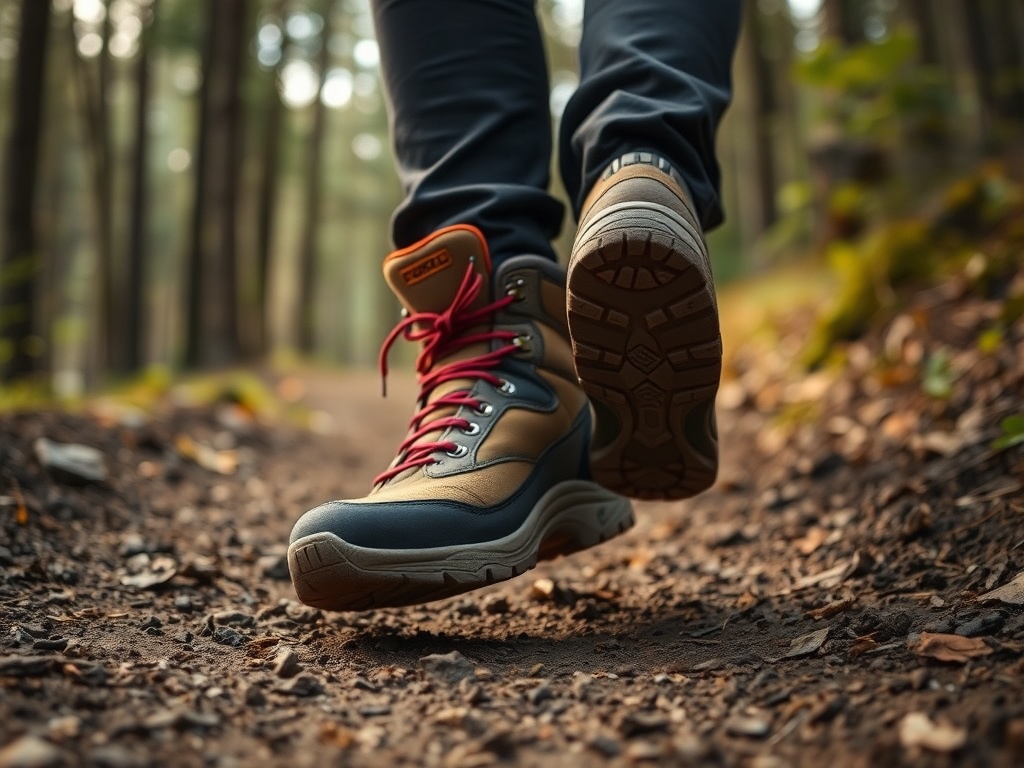 close-up of hiking boots stepping steadily on forest trail, soft light, controlled pace, detailed texture