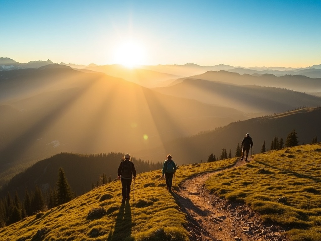 early morning alpine trail with hikers moving slowly, golden light, calm pace, expansive mountain views
