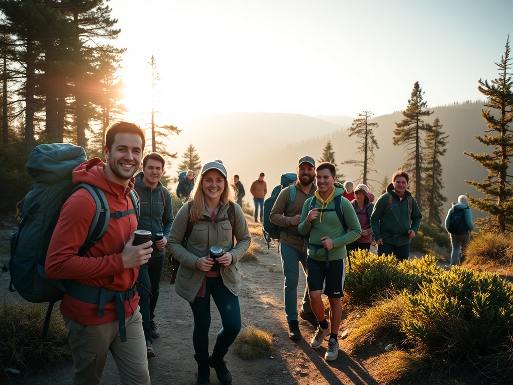 group of hikers at trailhead setting calm pace, morning light, relaxed expressions, backpacks ready
