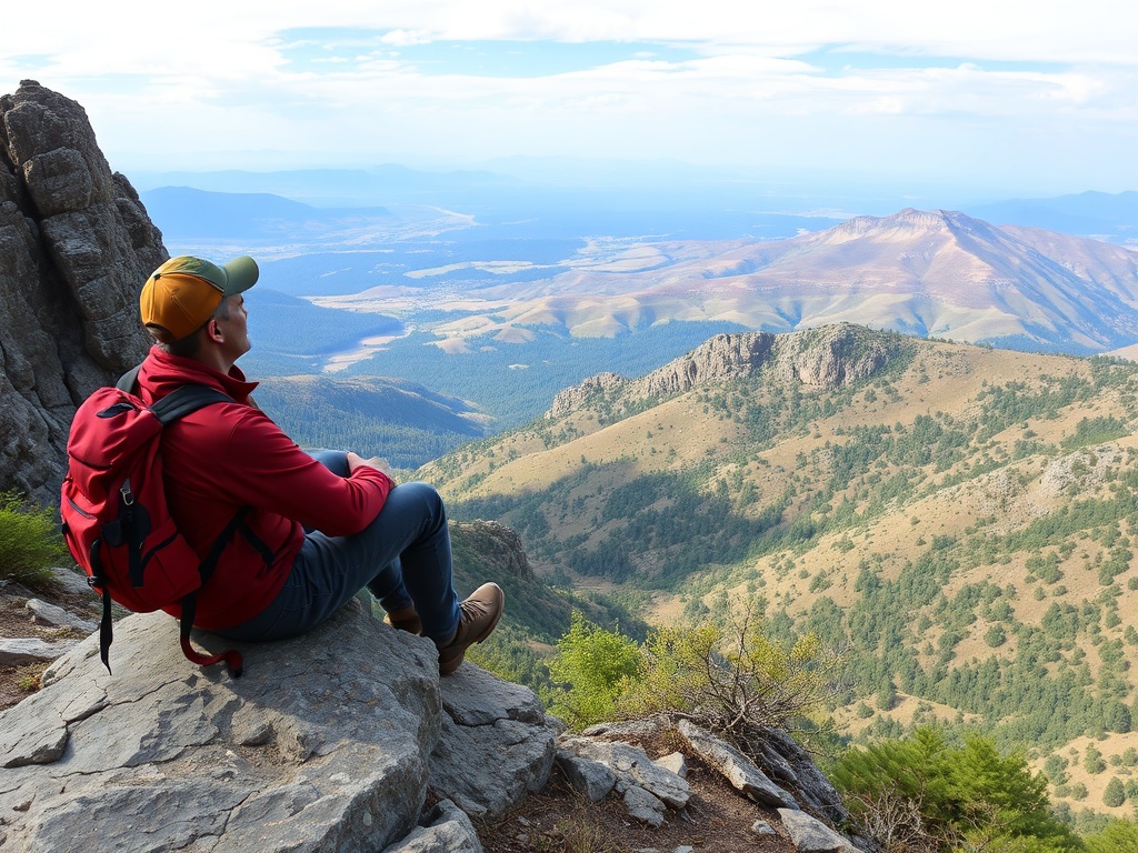 hiker sitting on rock overlooking valley taking calm break, relaxed posture, scenic wide landscape