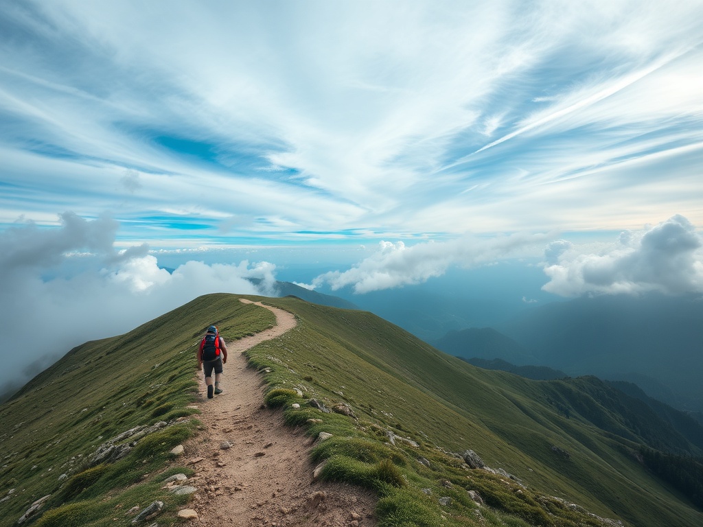 mountain switchback trail with hiker pacing steadily uphill, dramatic sky, wide angle perspective
