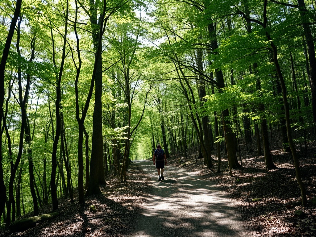 peaceful forest trail with dappled sunlight, lone hiker walking steadily, tranquil mood