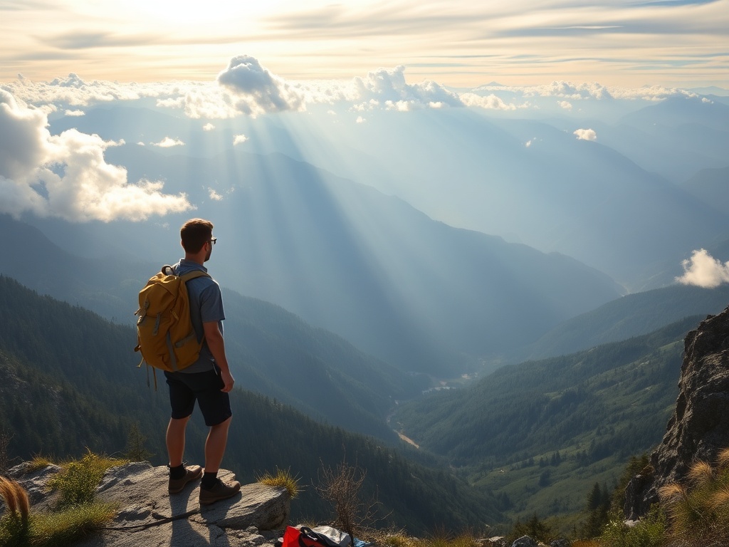 wide panoramic mountain vista with hiker standing relaxed at viewpoint, sunlight breaking through clouds